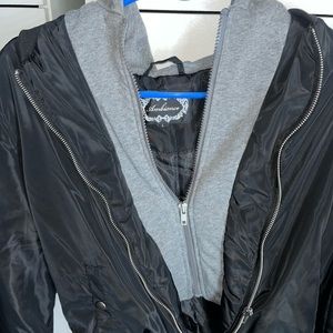 Black bomber jacket with grey hooded lining